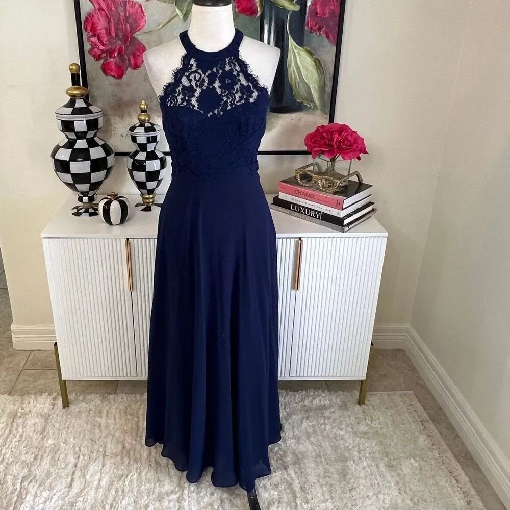 Lulus Women's Dance All Evening Lace Bodice Halter Maxi Dress Navy XS